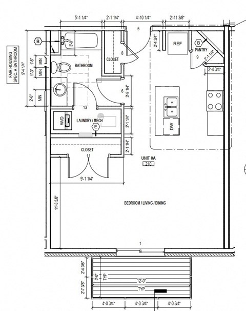 Floor plan for studio, 1 bath, 622 sqft